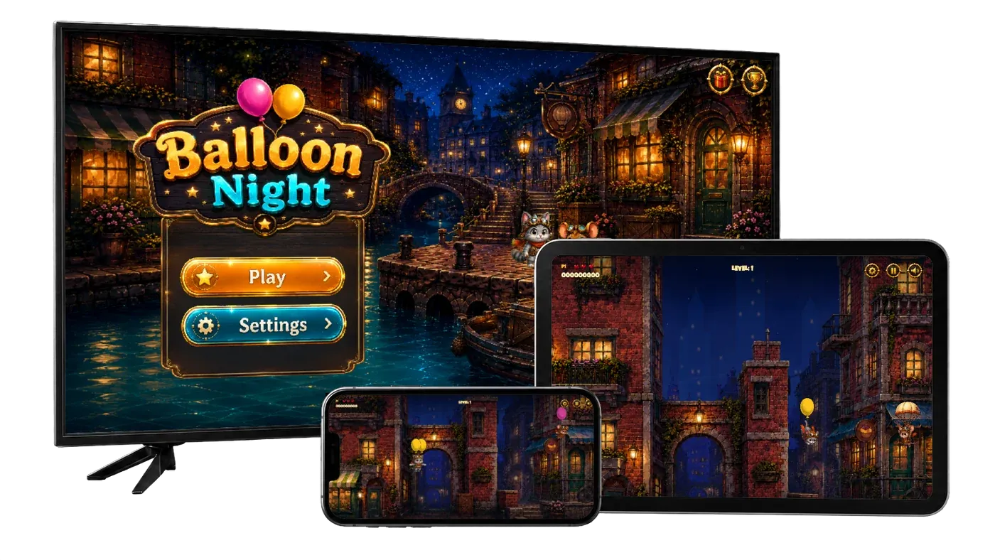 Balloon Night shown across TV, tablet, and mobile screens